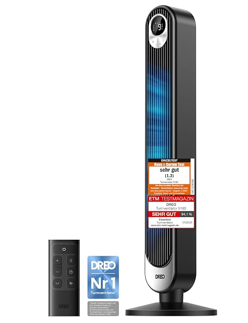 Ventilatore a torre DREO Cruiser Pro T1, nero, in piedi sulla sua base